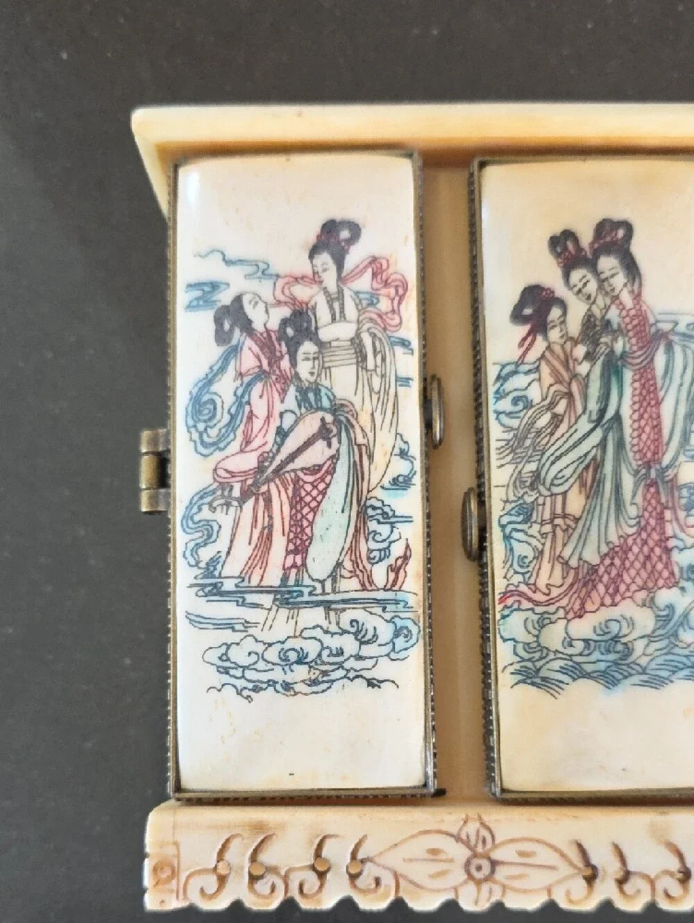Hand-Painted Carved Ox Bone Asian Mini Cabinet/Trinket Box with Figural Design.